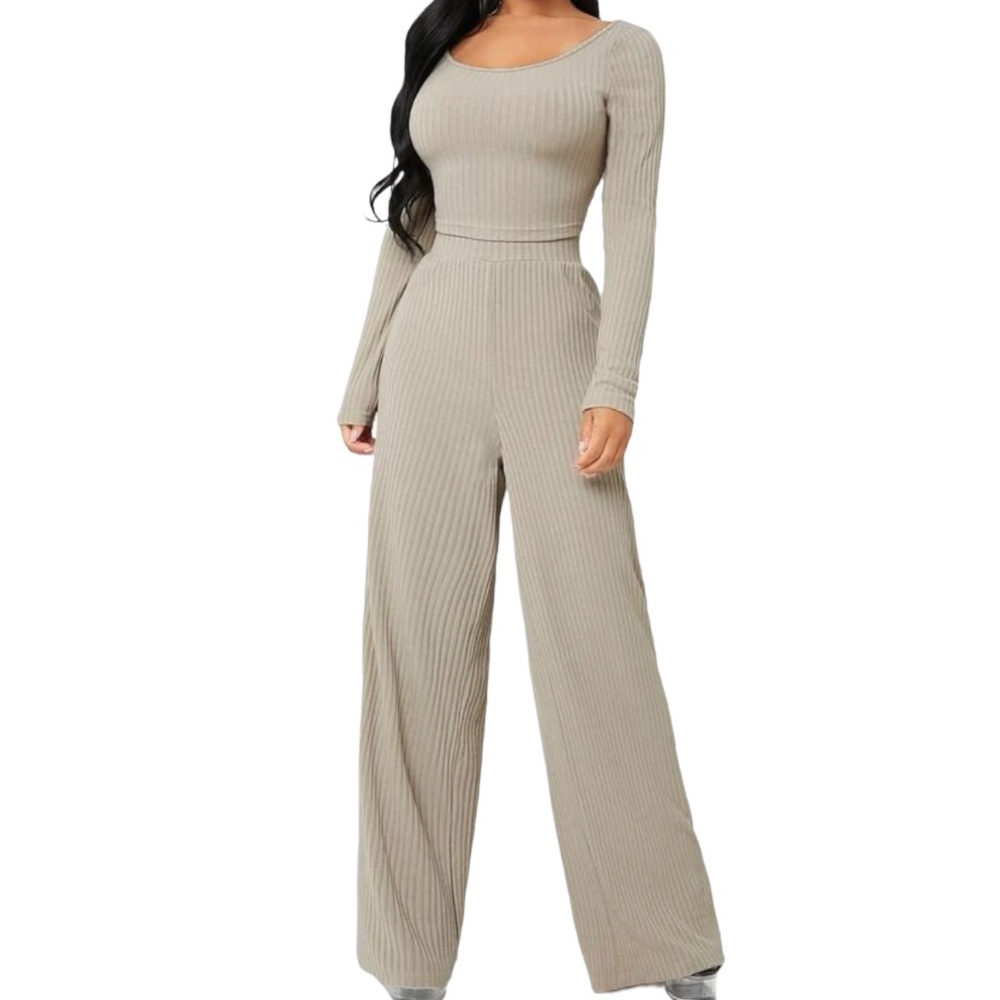 Rib Knit Long Sleeve Top and Wide Leg Pants Khaki Size 6